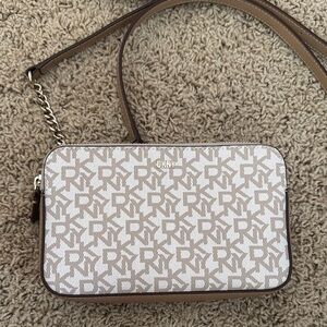 DKNY Brown and Cream Crossbody Bag with Monogram Design